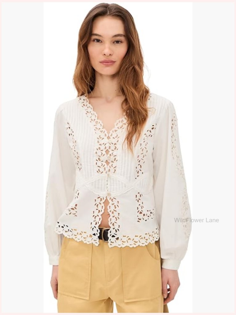Embroidered Long Sleeve Blouse, Loose Fit With Pintuck Detailing